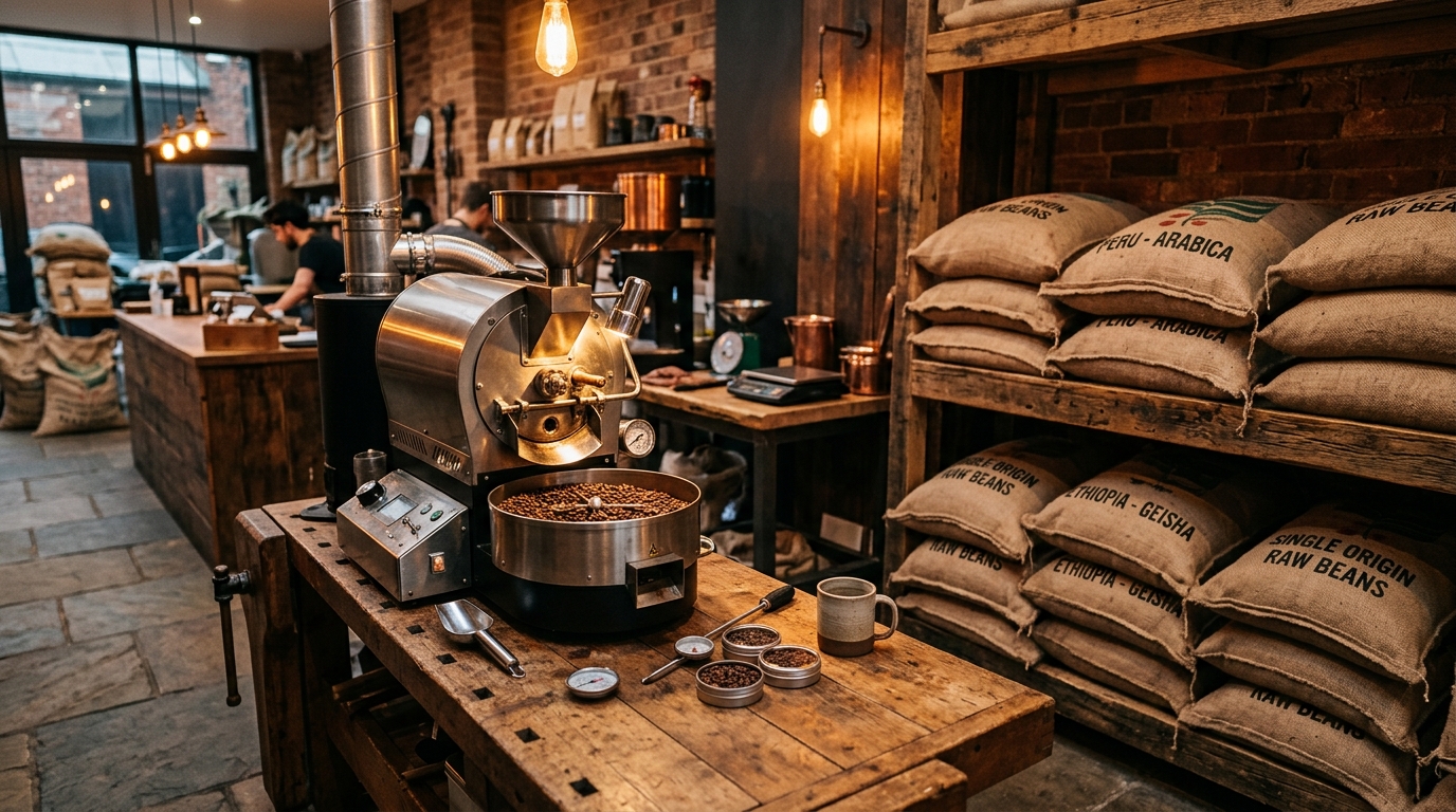 In-house micro-roaster and green bean staging